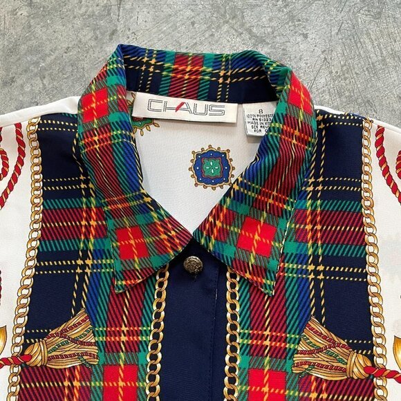 Vintage Chaus Korea Ornate Plaid Design Button Up Shirt Blouse Womens Large - Picture 2 of 11